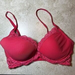 Natori Hot Coral Pink Lace Contour Plunge Wired  Bra 34DD Bra Mesh Overlay EUC